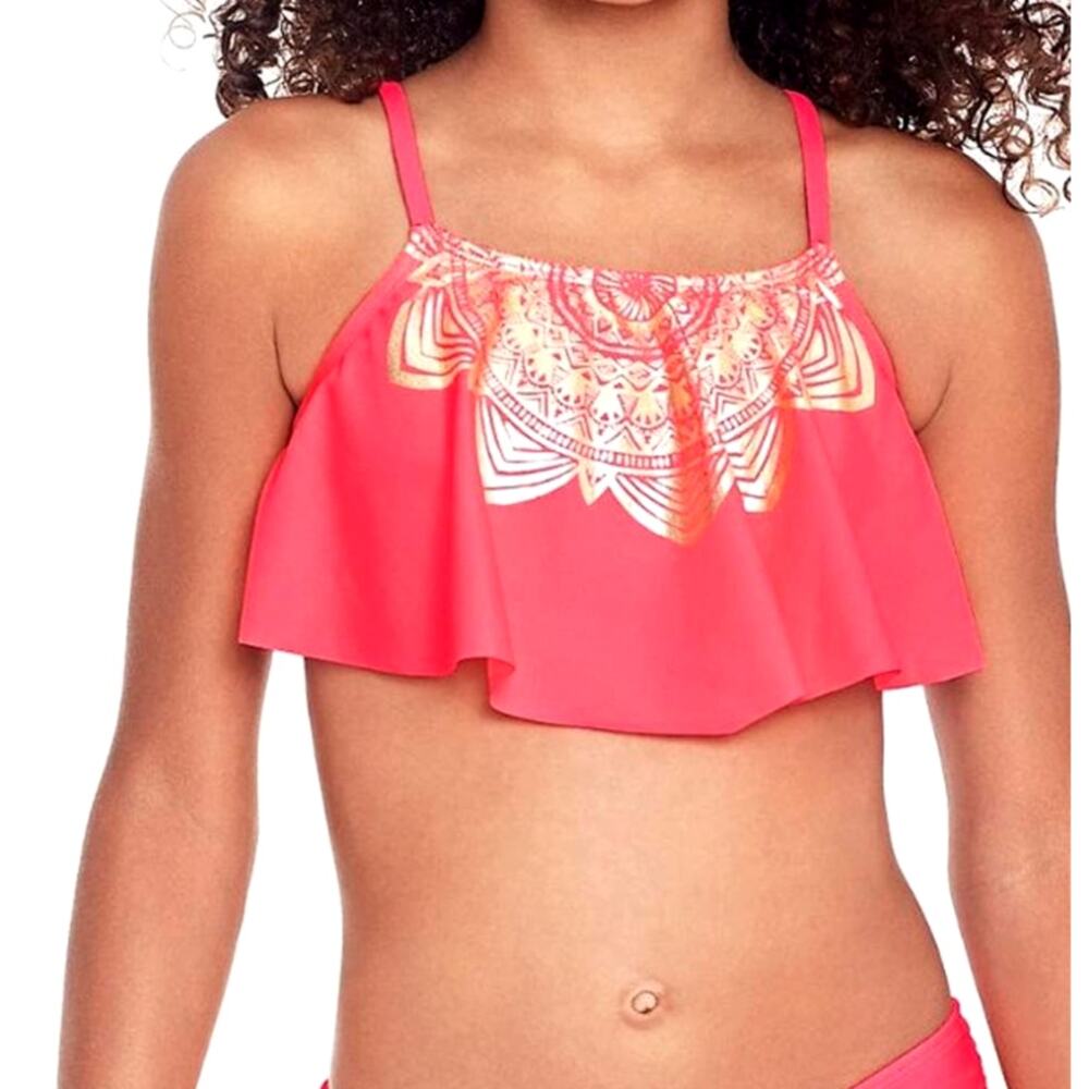 Glitter Beach Big Girls Flounce Bikini Top Foil Print, Coral Pink Size 14